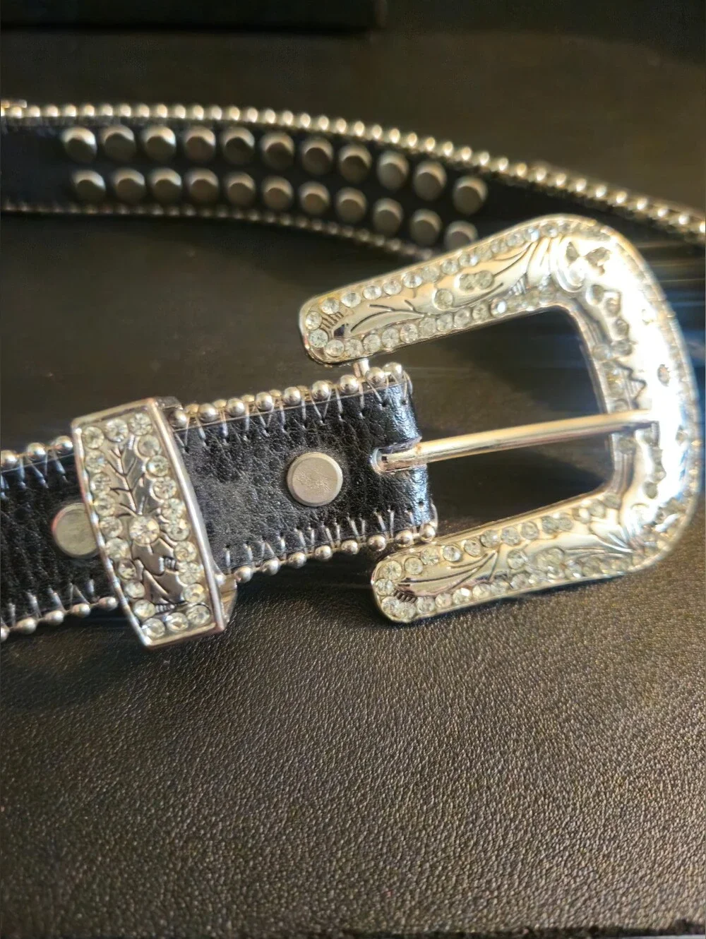 Women's Moto Studded Black& Silver Rhinestone Embellished Faux Leather Belt S/M